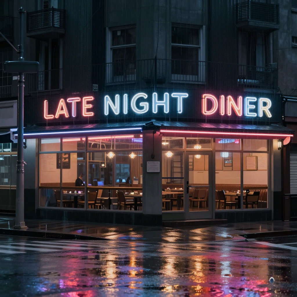 A neon sign reading LATE NIGHT DINER on a rainy street corner, drawn by Z-Image Turbo