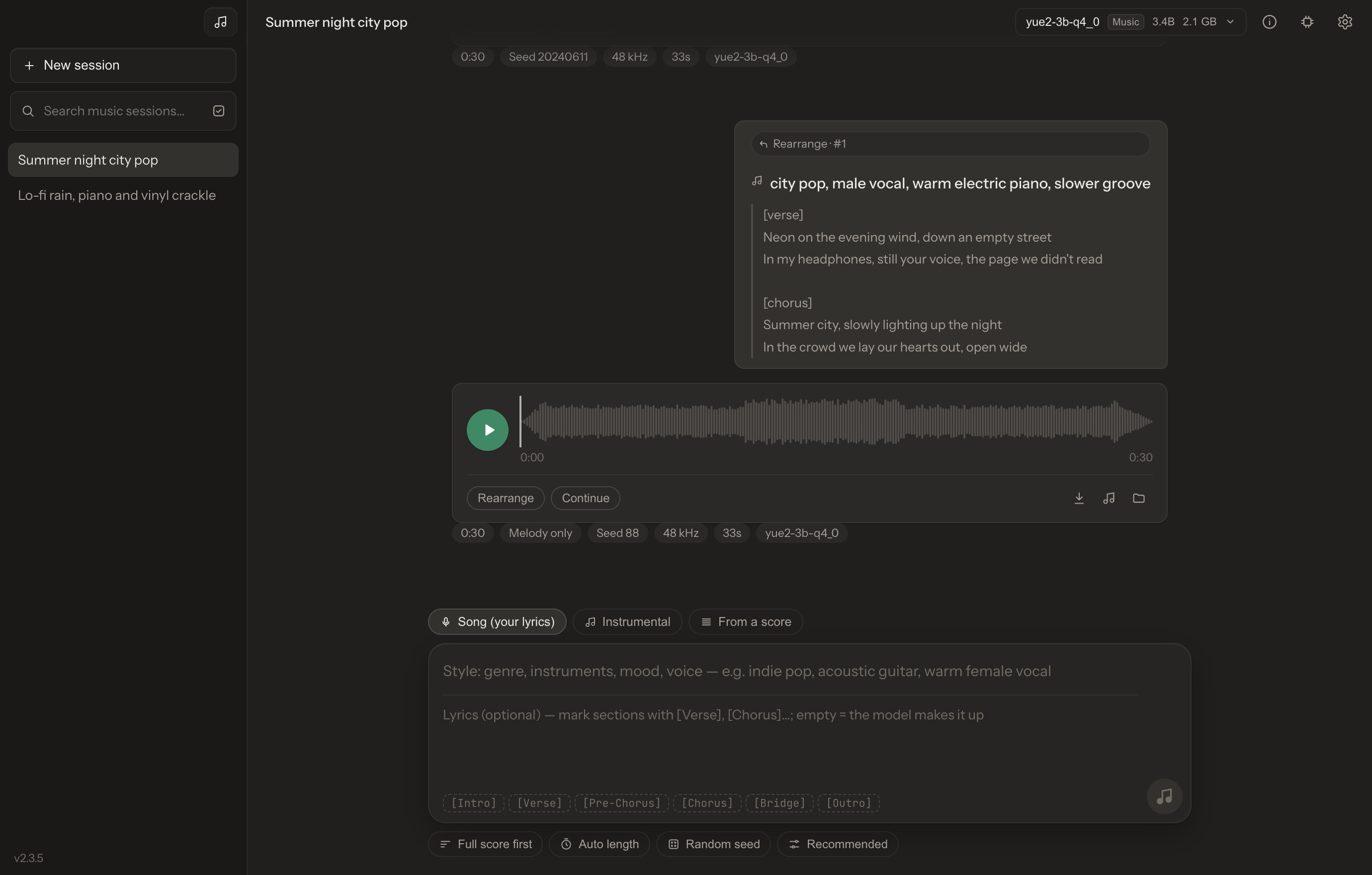 Chaty music studio: a YuE2 song rearranged in a new style, its lyrics as the request and the piece as a waveform to play